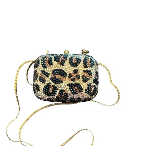 Mini Crystallized Embellished Evening Shoulder Bag Clutch Purse Leopard Gold - Picture 12 of 16